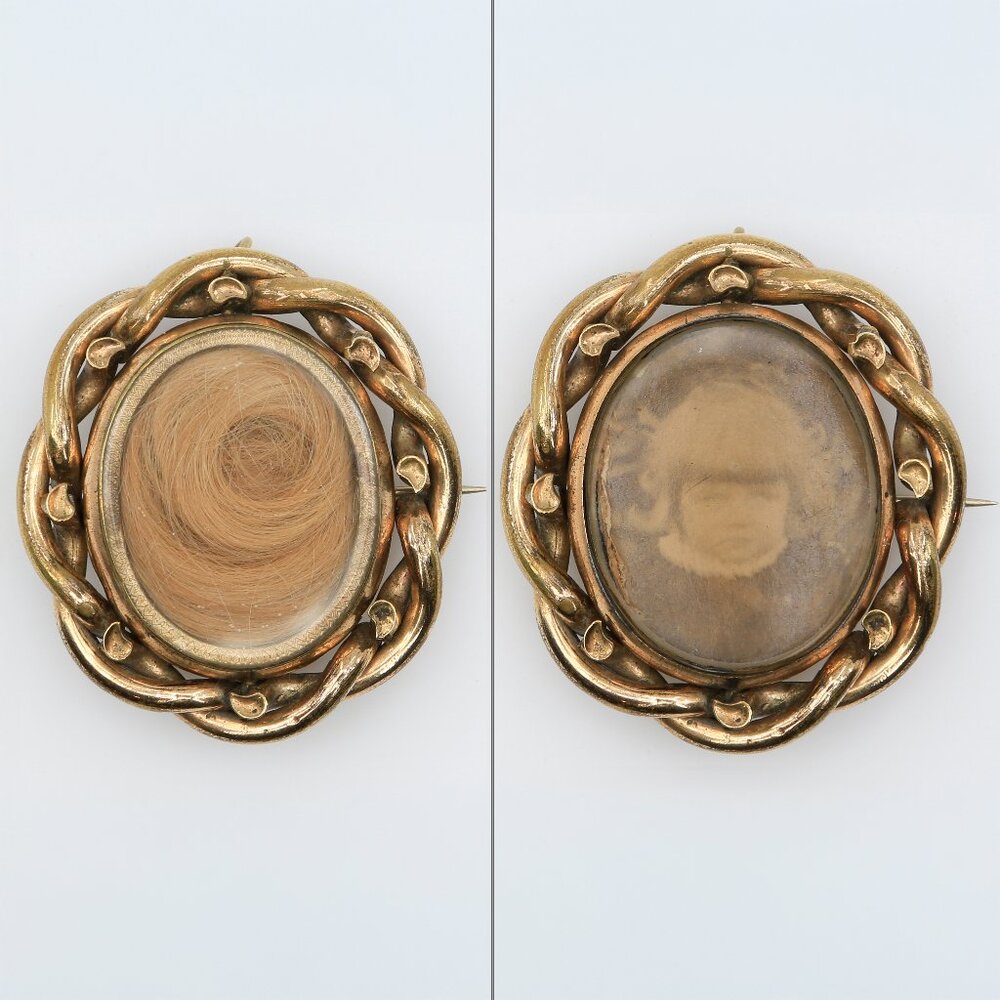 Antique Victorian Swivel Mourning Hair & Child‎ Photo Gold Filled Brooch 1870s